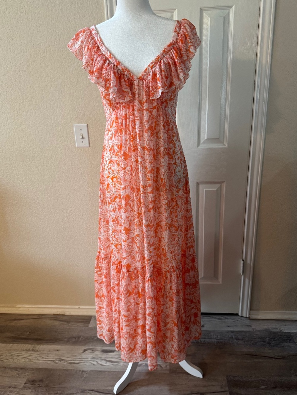 Lavender Brown Floral Maxi Dress Size S Orange White Ruffle Cottagecore Boho